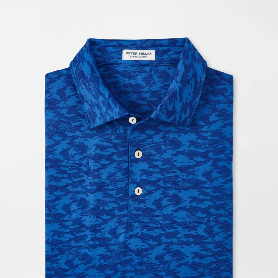 Women's Peter Millar Fish Camo Performance Jersey Polo Shirt for Outdoor Activities